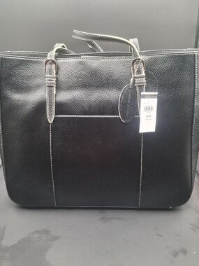 Wilsons Leather Black Laptop Tote with Contrast Stitching